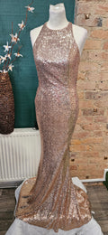 Bnwt quiz sparkly sequin gold backless bow back occassion dress size 6 rrp £99