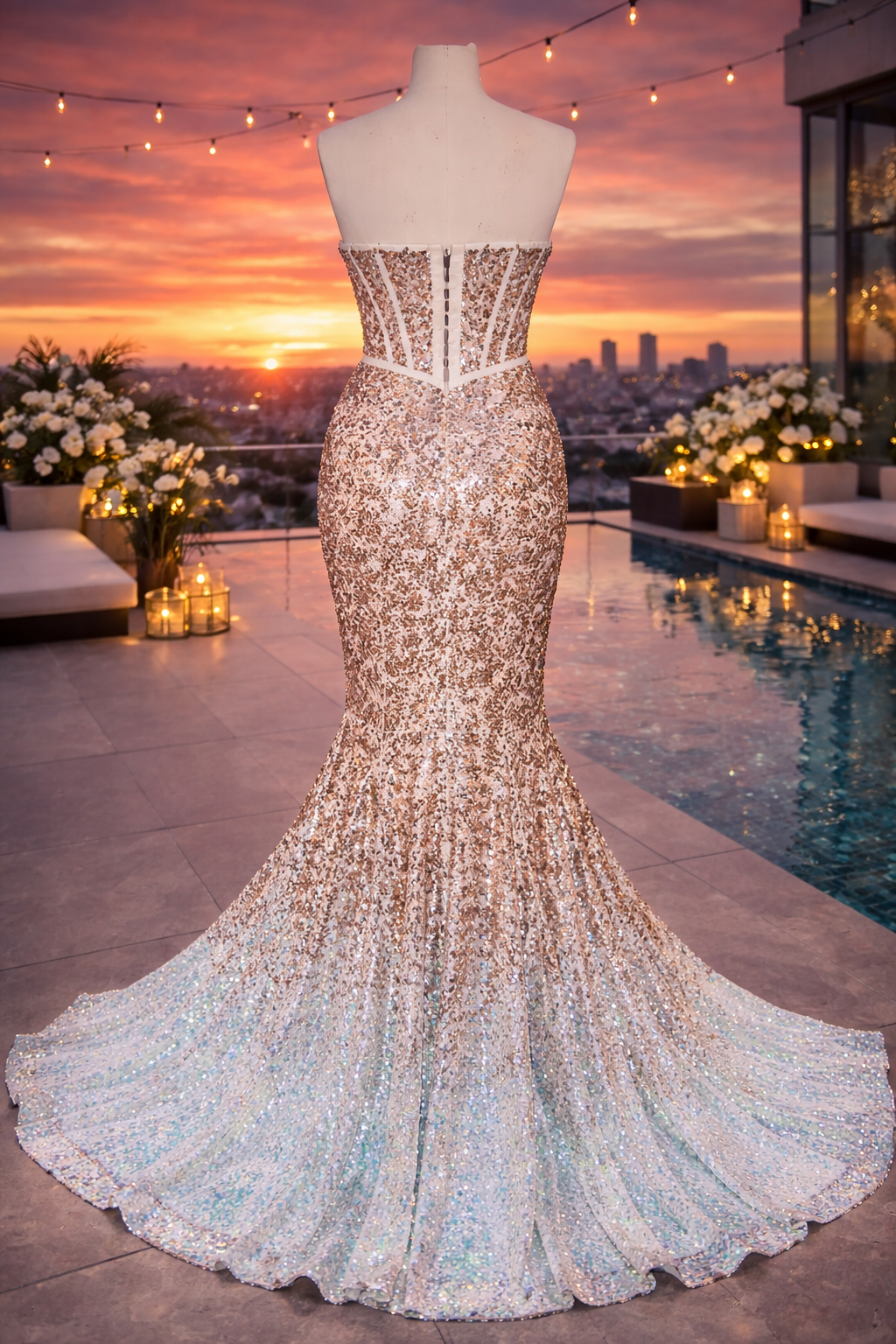 Portia & Scarlett rose gold sequin fishtail occasion dress size 6