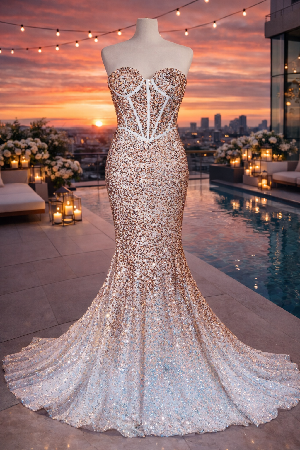 Portia & Scarlett rose gold sequin fishtail occasion dress size 6