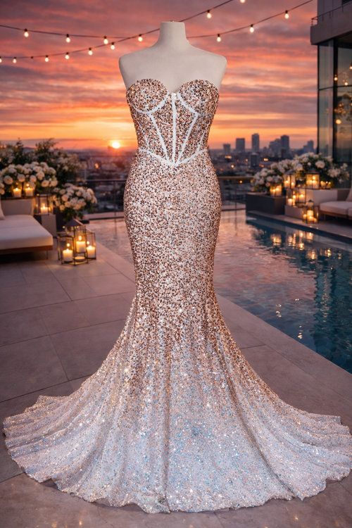 Portia & Scarlett rose gold sequin fishtail occasion dress size 6