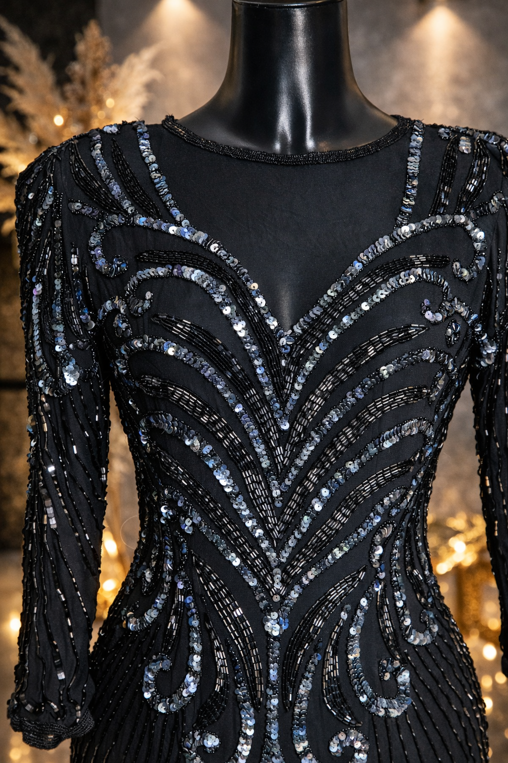 A.J Barri rare vintage 80s black embellished 100% silk evening occasion dress size 14