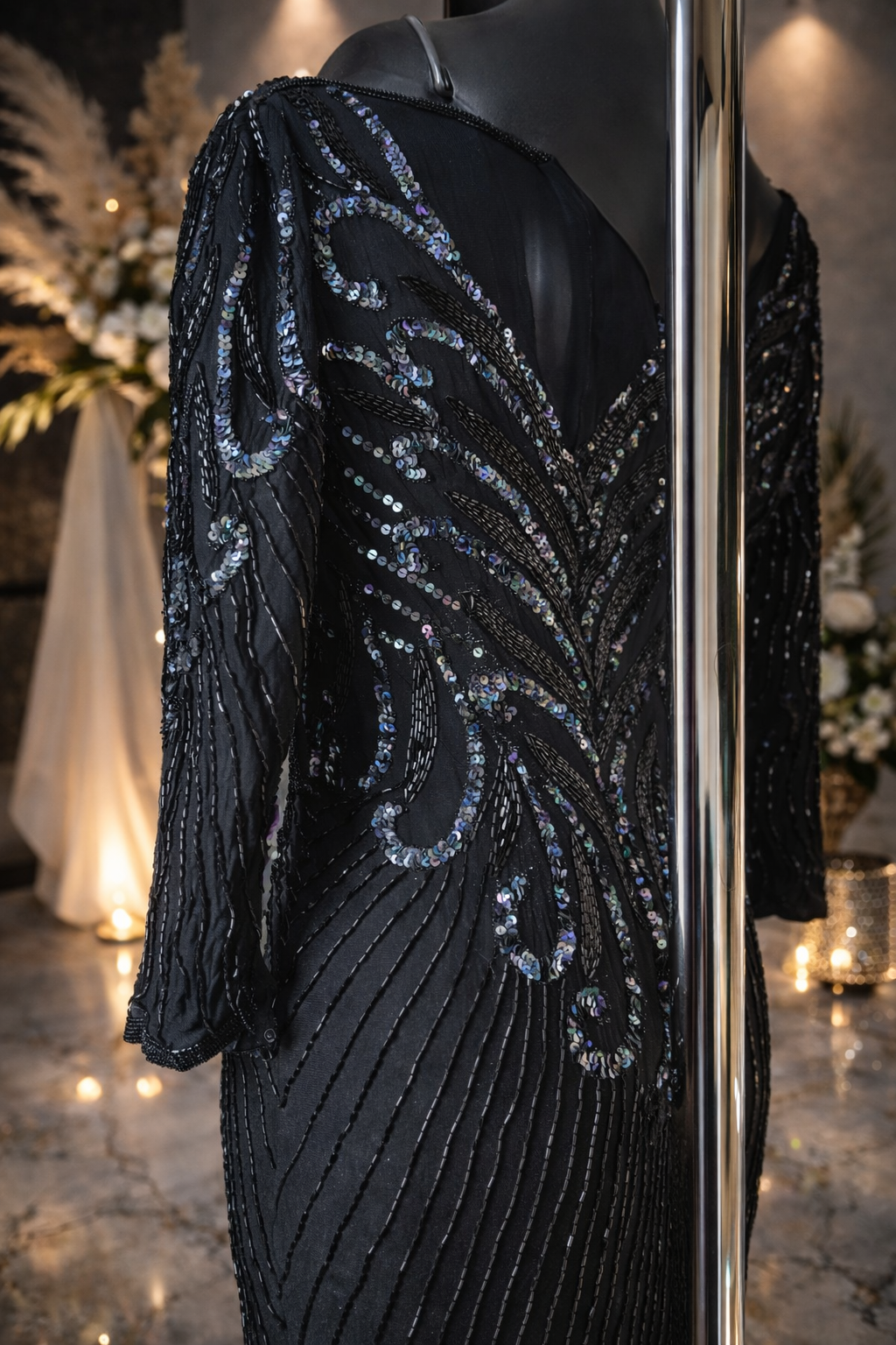 A.J Barri rare vintage 80s black embellished 100% silk evening occasion dress size 14