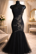 Karen Millen black strapless embossed fishtail mermaid occassion dress size 10