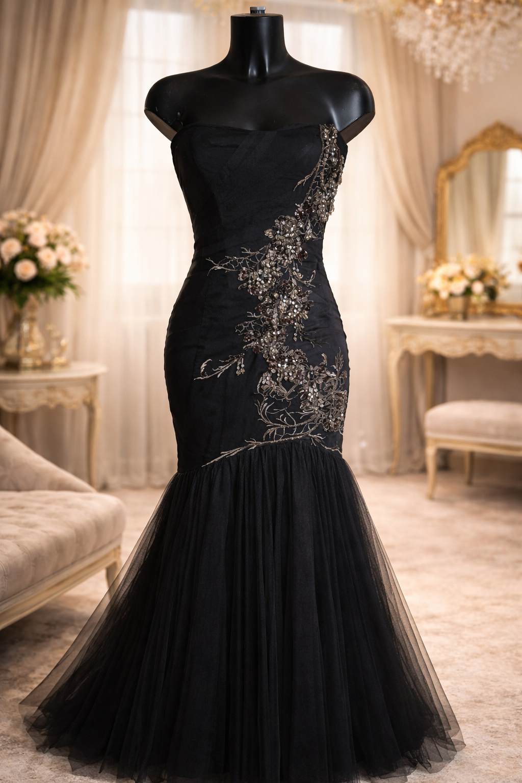 Karen Millen black strapless embossed fishtail mermaid occassion dress size 10