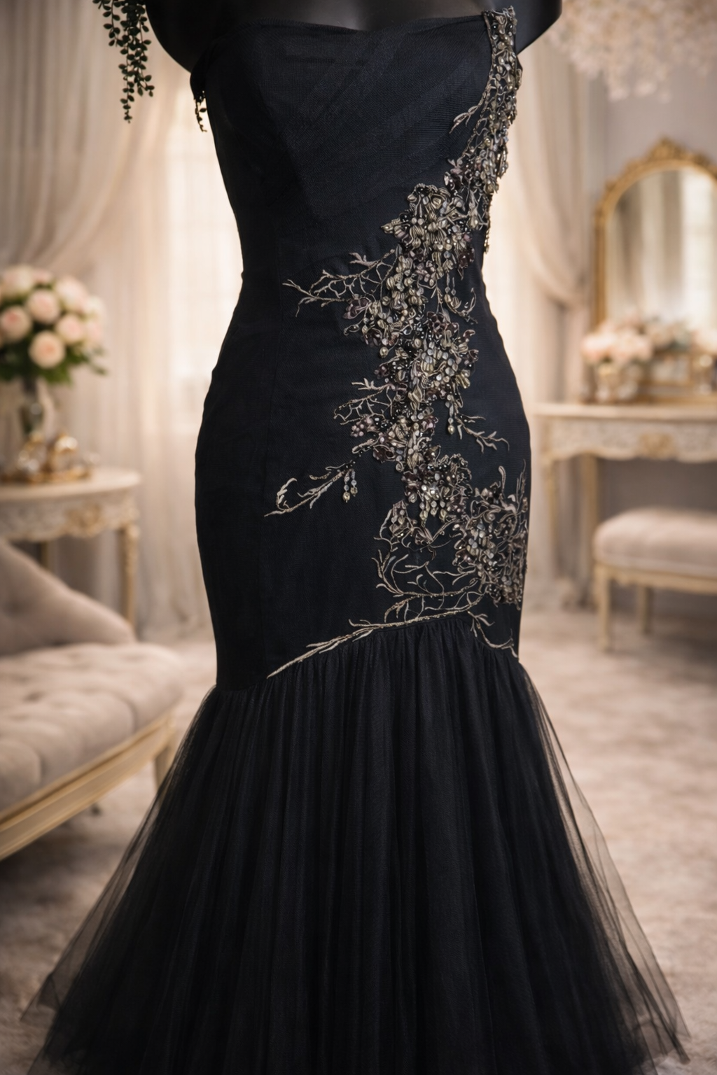 Karen Millen black strapless embossed fishtail mermaid occassion dress size 10