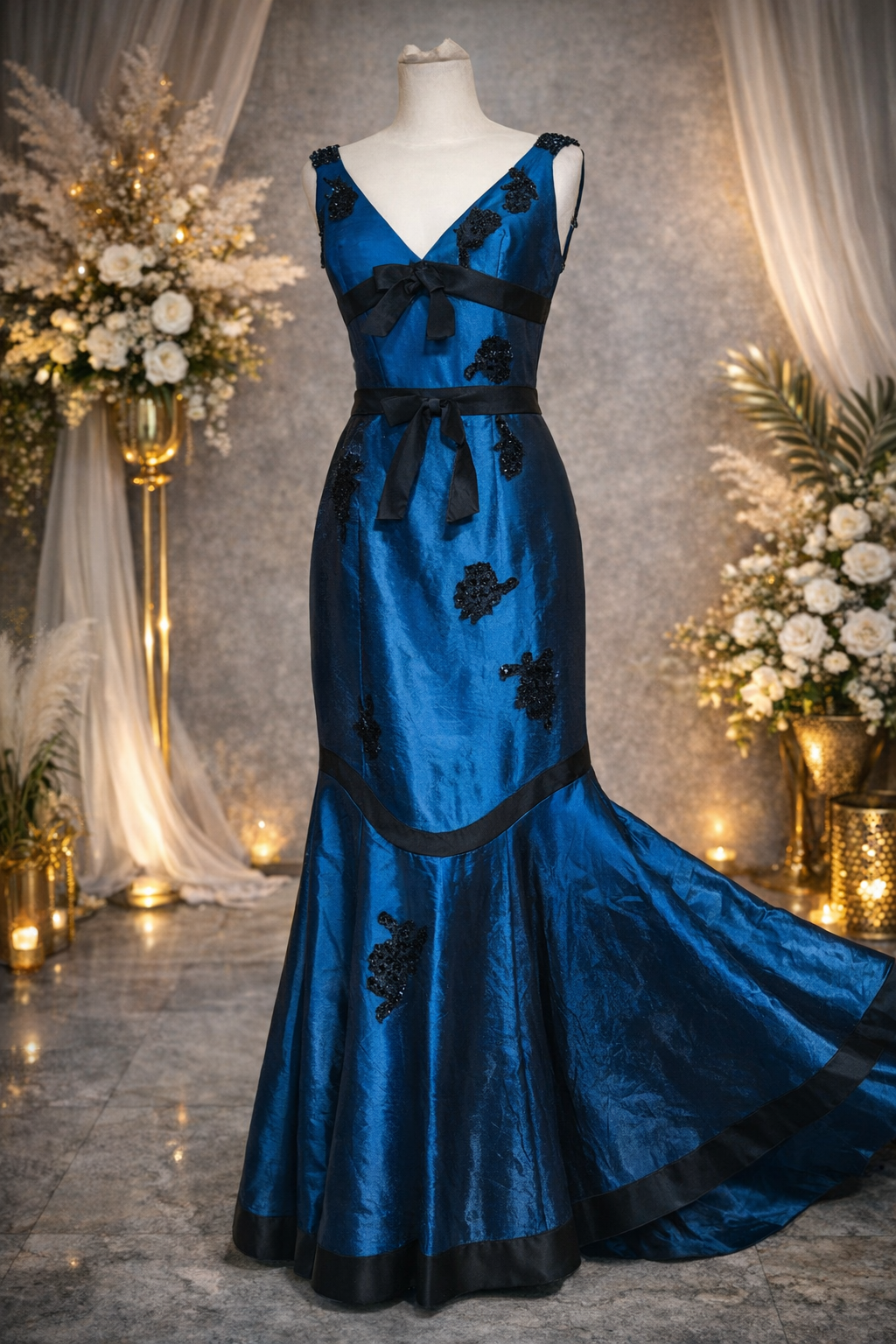 Bernshaw vintage unique blue bow detailed occassion dress