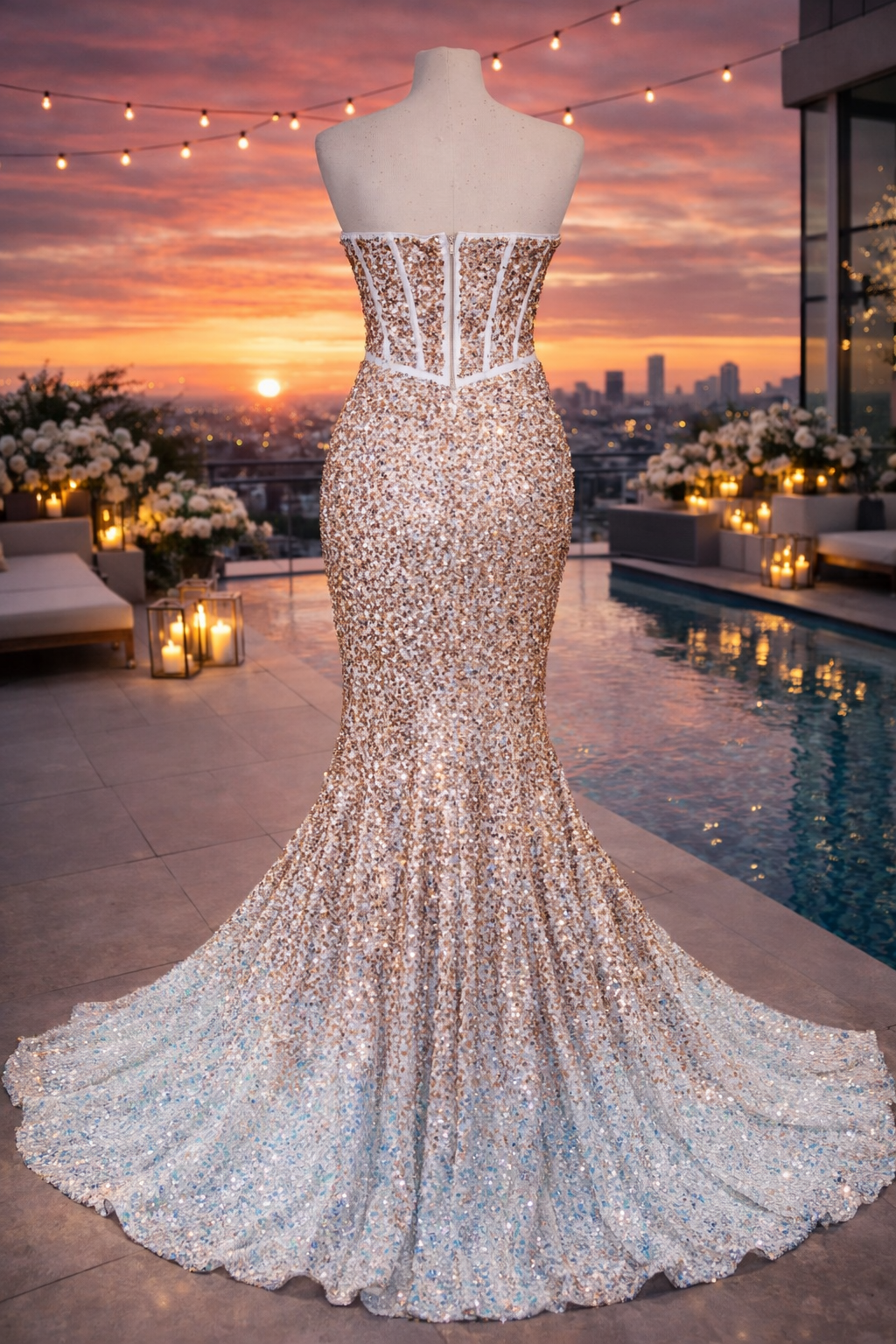 Portia & Scarlett rose gold sequin fishtail occasion dress size 6