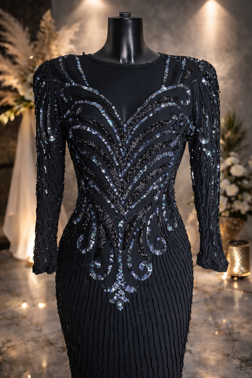 A.J Barri rare vintage 80s black embellished 100% silk evening occasion dress size 14