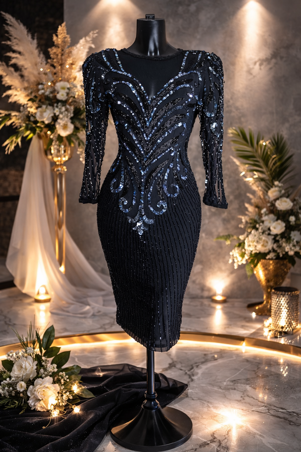 A.J Barri rare vintage 80s black embellished 100% silk evening occasion dress size 14