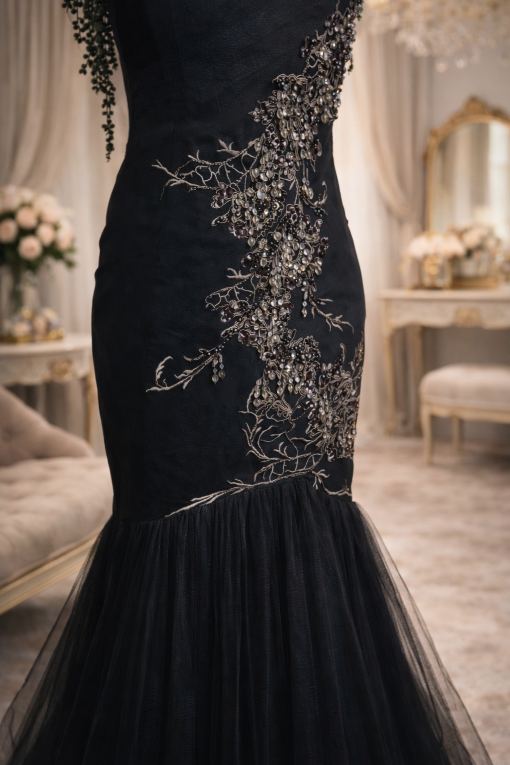 Karen Millen black strapless embossed fishtail mermaid occassion dress size 10