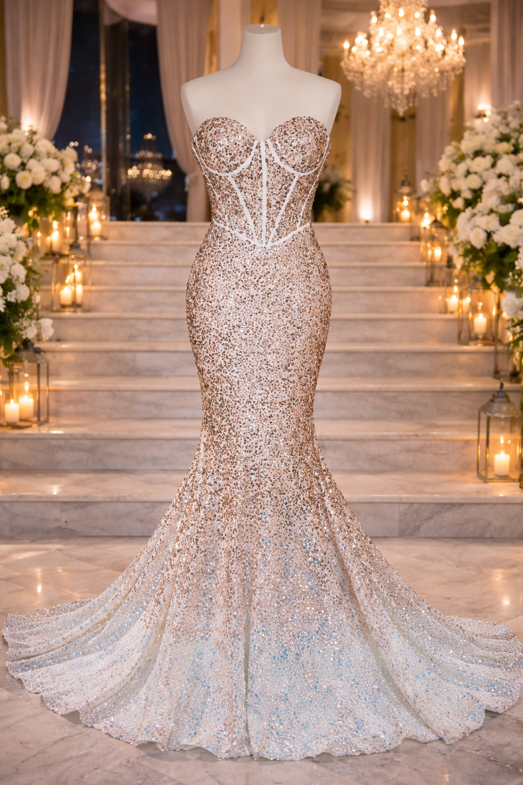 Portia & Scarlett rose gold sequin fishtail occasion dress size 6